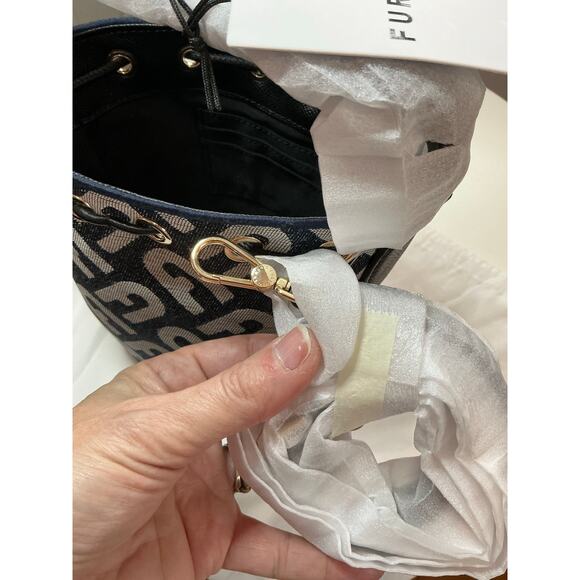 Furla Clio Mini Monogram Denim Drawcord Bucket Bag Navy NWT w/ Dustbag MSRP $750 - Picture 11 of 14